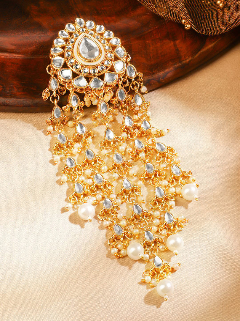 Rubans 18K Gold-Plated Kundan & Pearl Beads Studded Teardrop Multilayer Hair Accessory